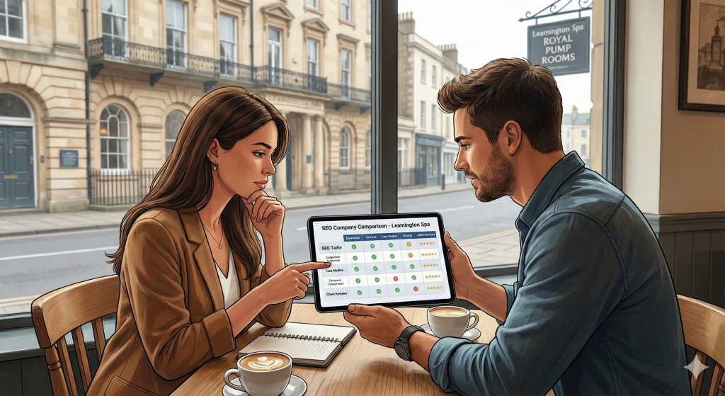 Male and female business people in coffee bar in leamington spa viewing SEO company profiles on laptop