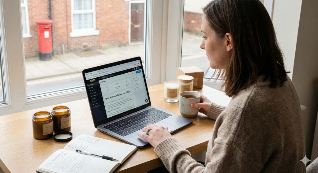 Woman at desk looking at EKM website reading the web page