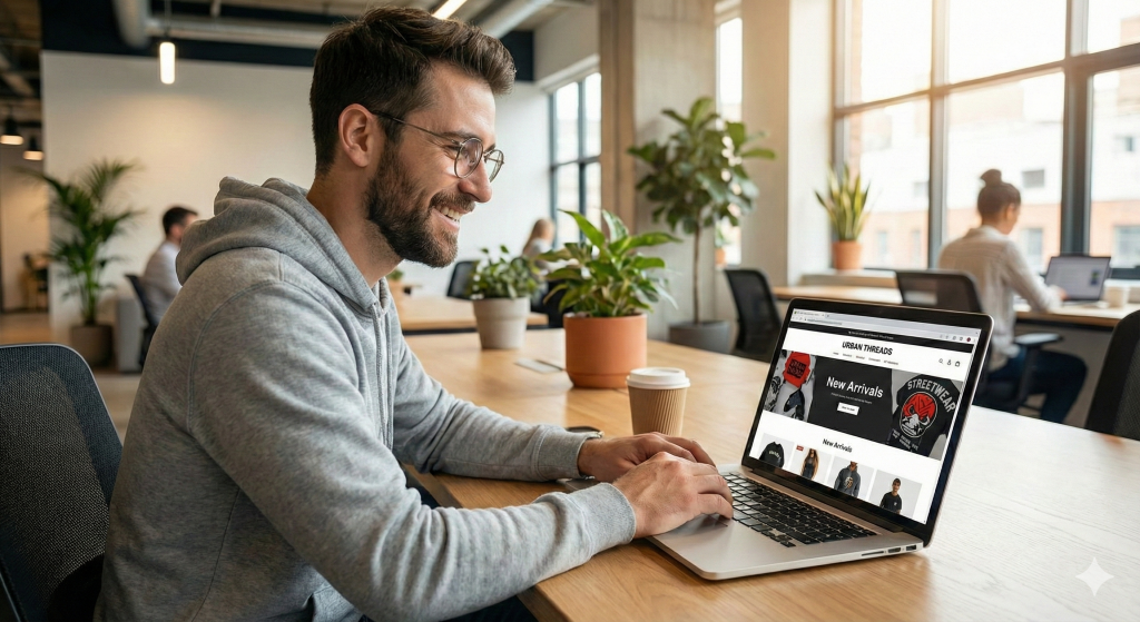 Young expert shopify developer looking at shopify store on laptop