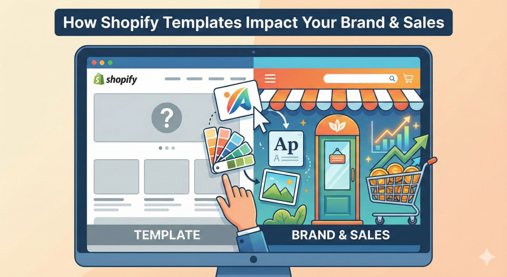 Drawing showing the difference between free shopify template and premium shopify theme