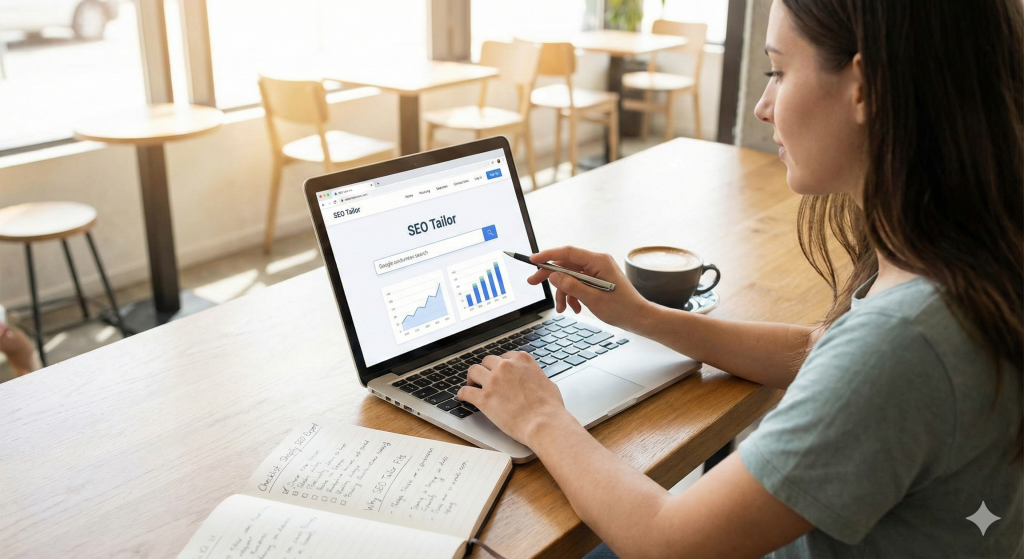 Woman looking on laptop for SEO tips for selecting right Shopify SEO expert