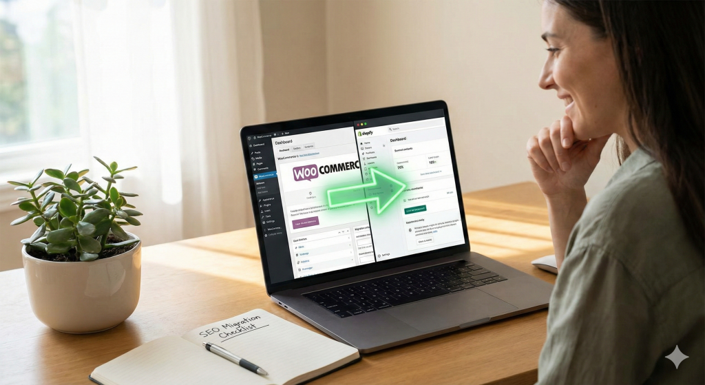 Woman sat at computer seeing how Migrate WooCommerce to Shopify Without Losing SEO on a computer