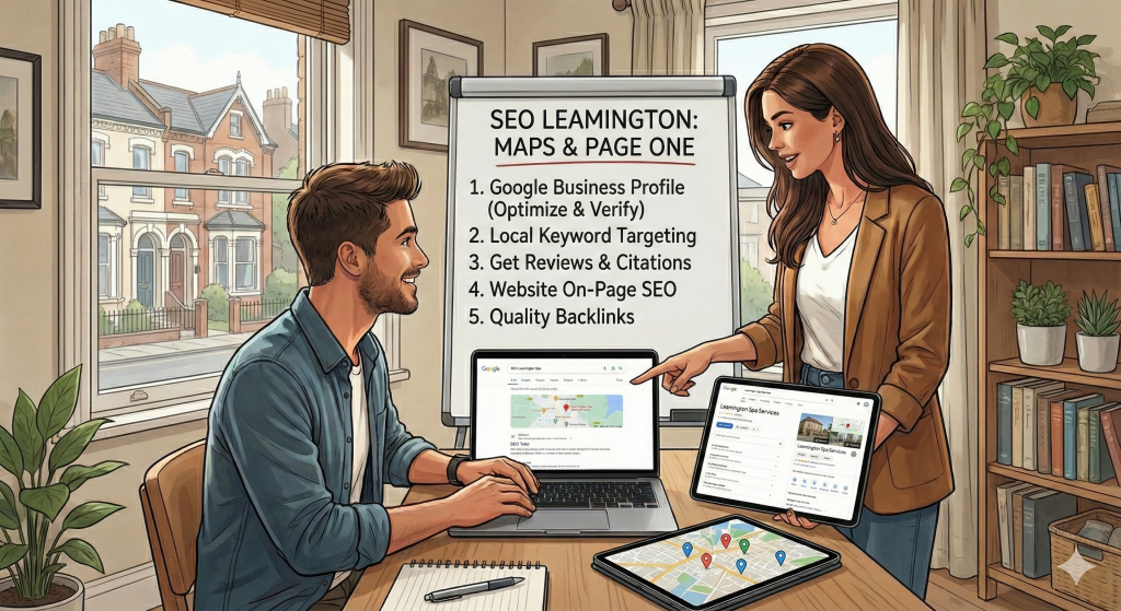 Man and woman looking at SEO strategies in a leamington spa office building