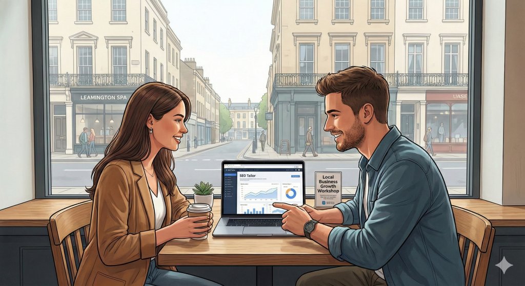 Man discussing SEO services in coffee shop in leamignton spa with a business client