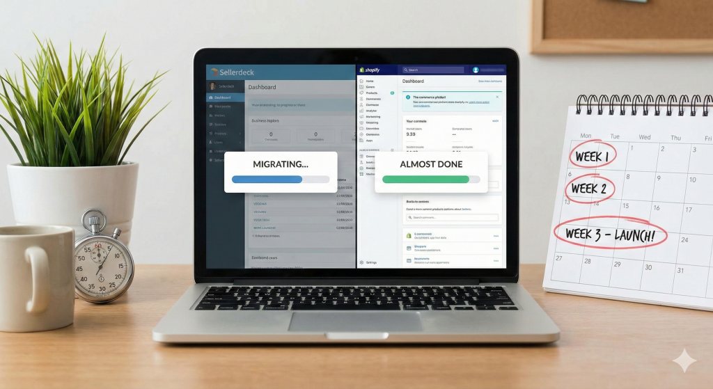 Laptop showing content migration away from Sellerdeck to Shopify platform