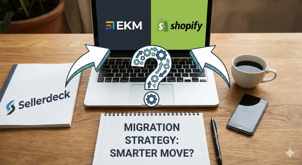 Sellerdeck Migration to EKM vs Shopify a digram on laptop screen showing the journey