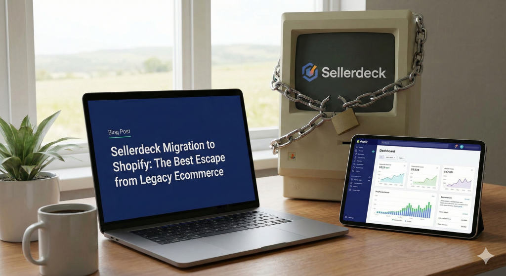 Laptop with title about why migrating away from sellerdeck is better for business next to old computer in chains showing restraints of sellerdeck