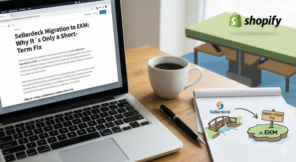 Laptop on table on screen sellerdeck , ekm and shopify logo displayed