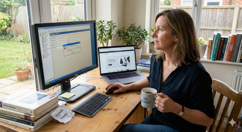 Woman at desk looking at comouter screen of a sellerdeck website with errors