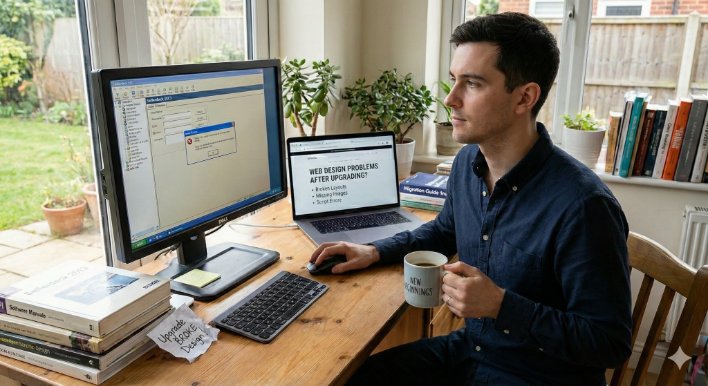Man sat at desk looking at computer screen with sellerdeck website on it with error messages
