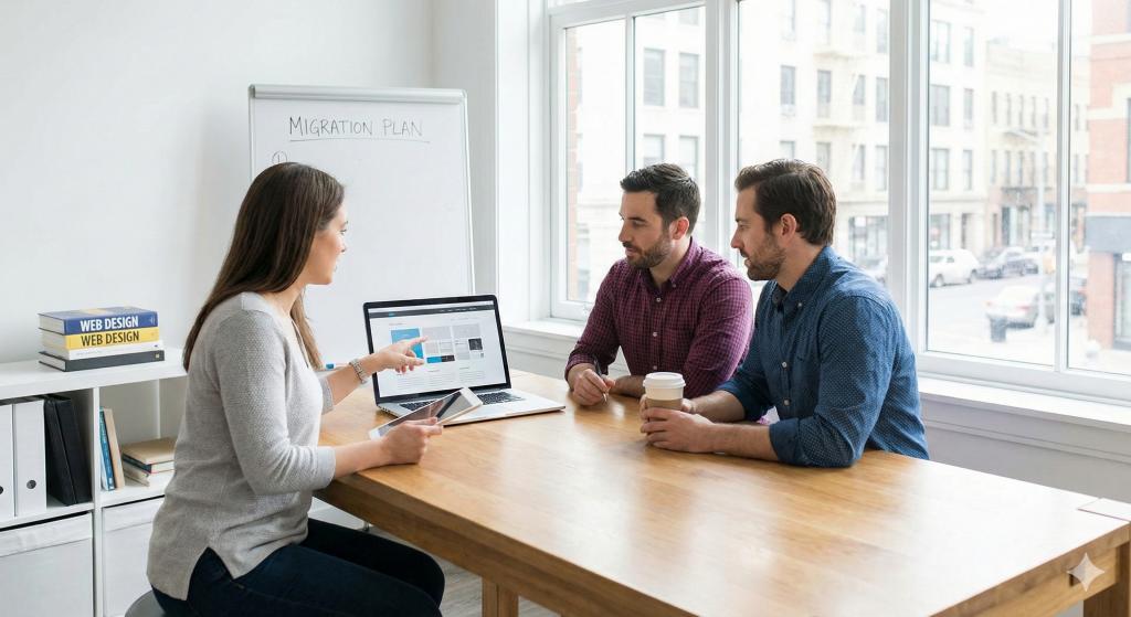 2 men and a woman at desk looking at a computer runnign sellerdeck store and getting support