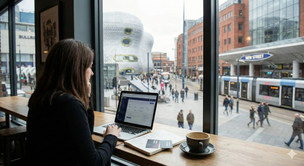 Woman in office reading a guide to birmingham shopify agency from laptop with birmingham city centre on view from window