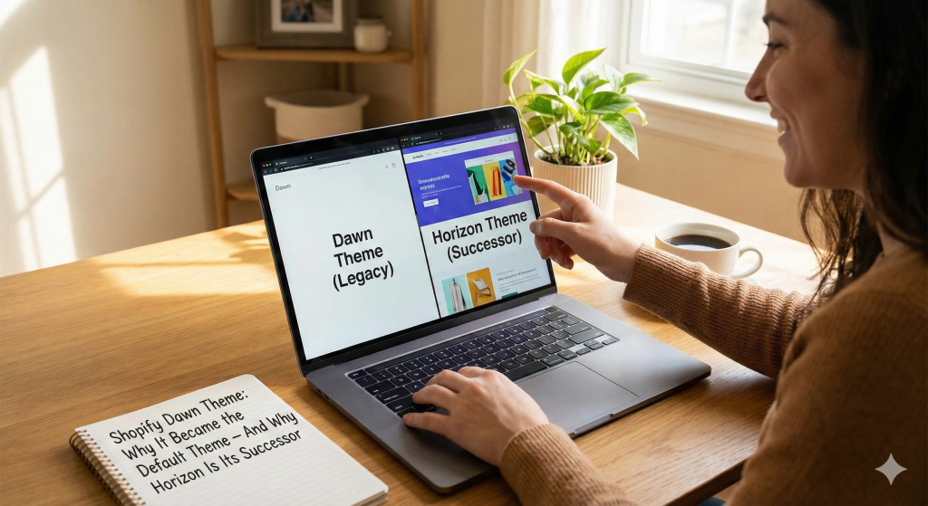 Image showing Shopify dawn theme and horizon theme on computer screen with woman at desk looking