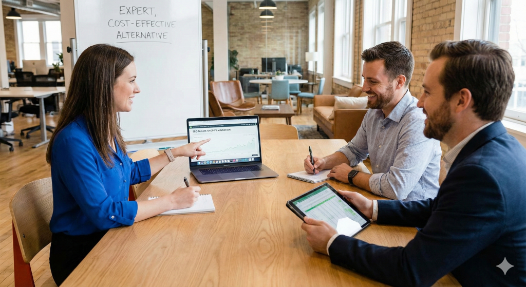 Shopify Migration agency meeting around table talkign about webite migration