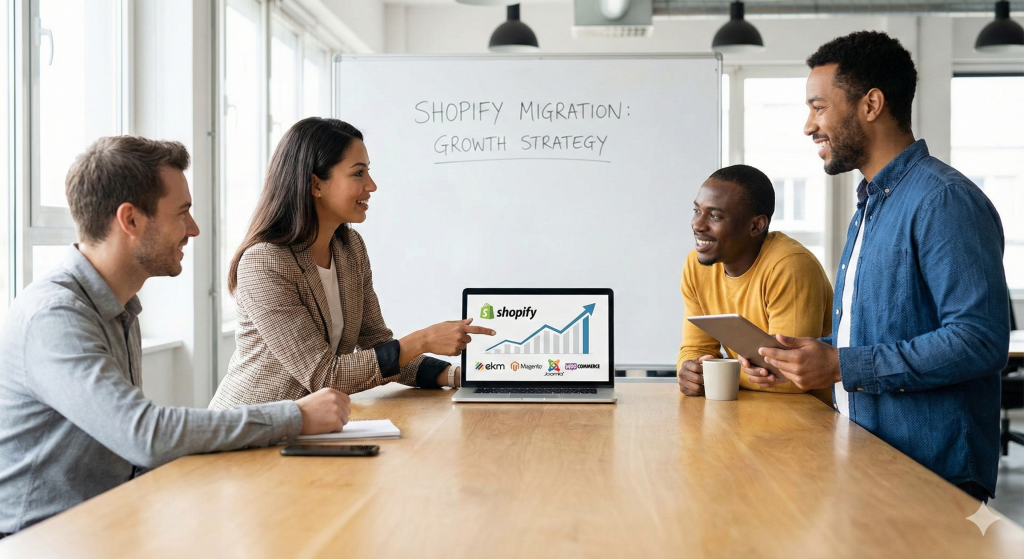 Group people around table in office discussing migration of their website to Shopify