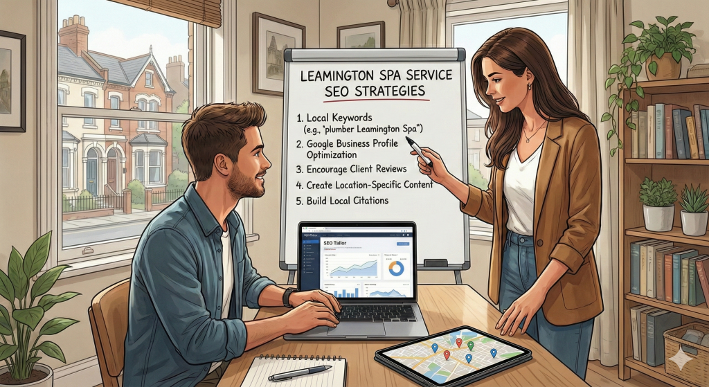 Two business people man and woman looking at SEO strategies in leamington spa for businesses