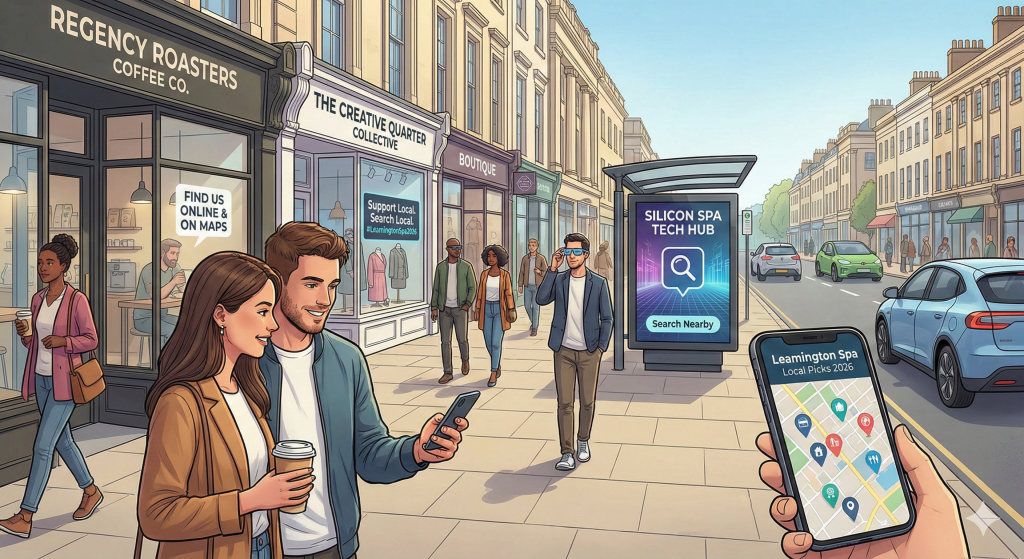 Cartoon image of busy street in leamington spa showing local businesses