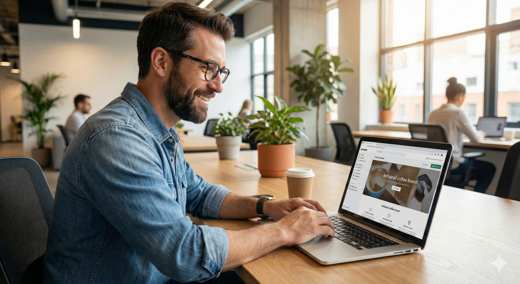 Shopify expert developer sitting at desk developing a shopify store