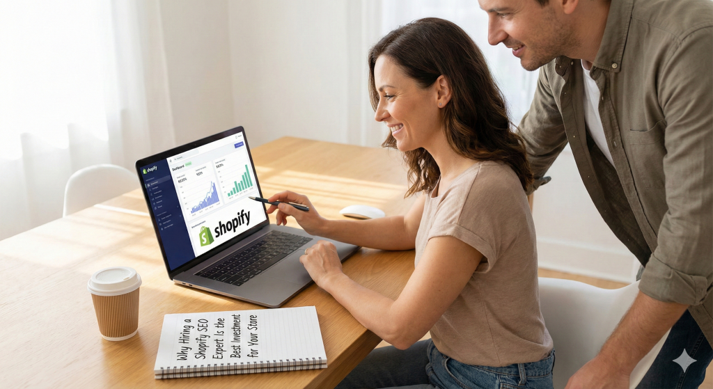 Man and woman looking at laptop sceen at benefits of shopify seo expert