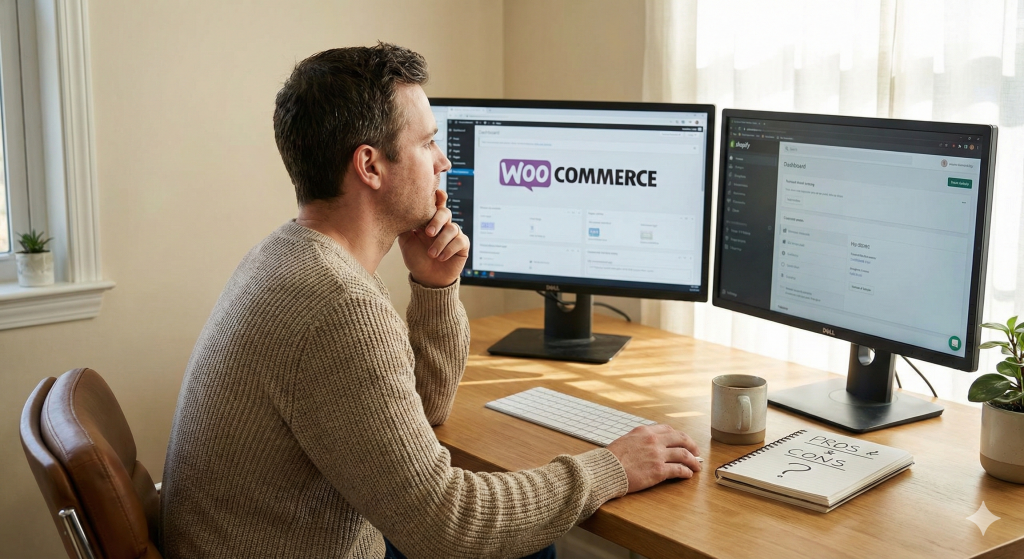 Man sat at computer thinking aboout WooCommerce vs Shopify Is It Time to Migrate