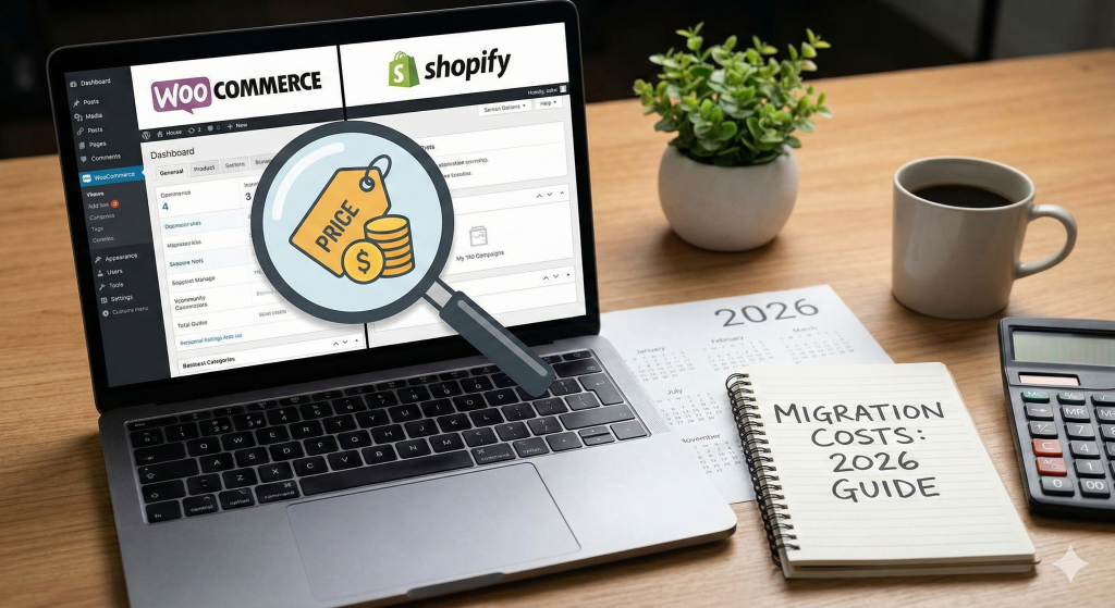 Laptop showing visual of woocommerce vs shopify migration costs