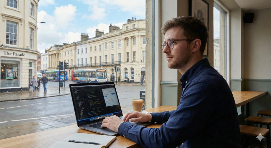 Web developer sitting at desk looking at parade leamignton spa from window doing some web design on laptop