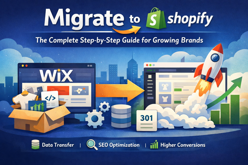 Image illustrating migrating from wix to shopify showing two computer screens one with wix the other shopify