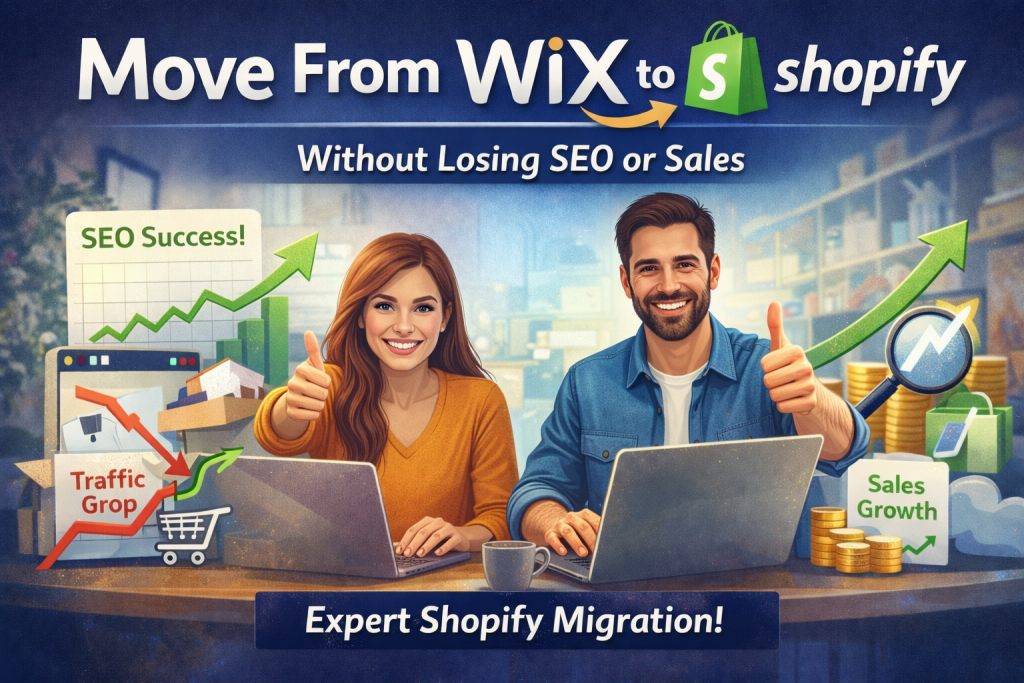 Man and woman with laptops looking positive about move from wix to shopify