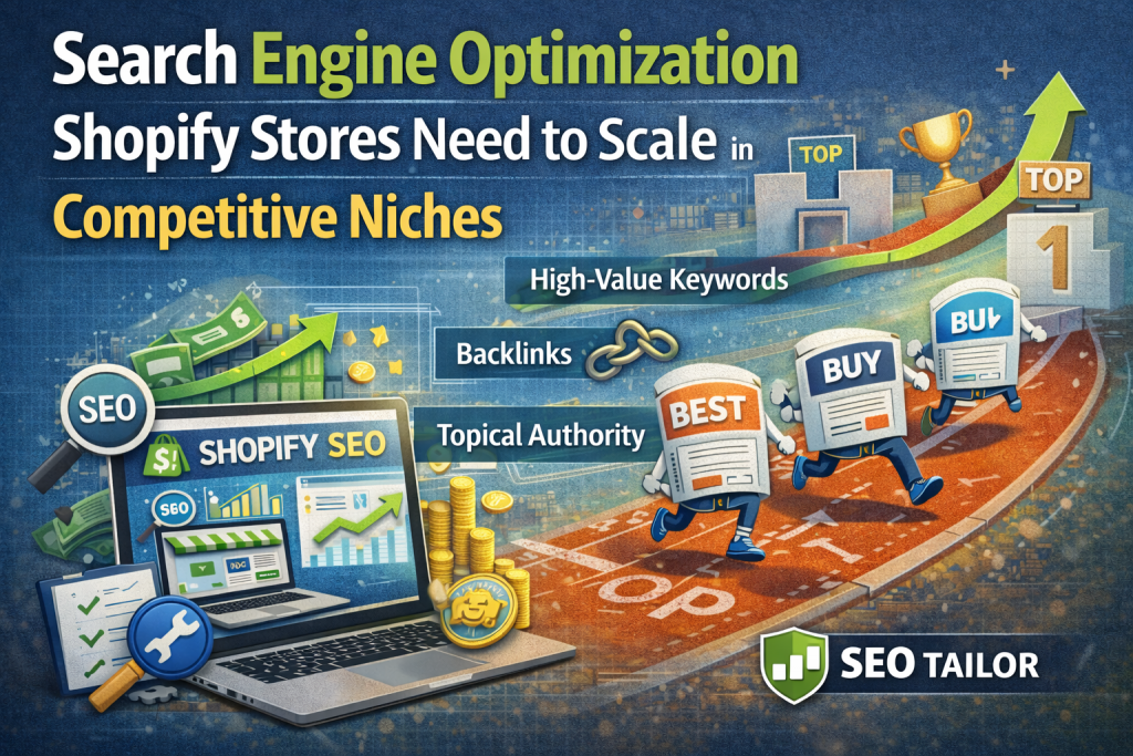 Search Engine Optimization for scale graphical guide showing benefits for Shopify SEO