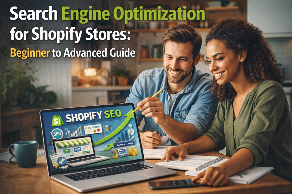 Man and women at laptop looking at Shopify SEO guides
