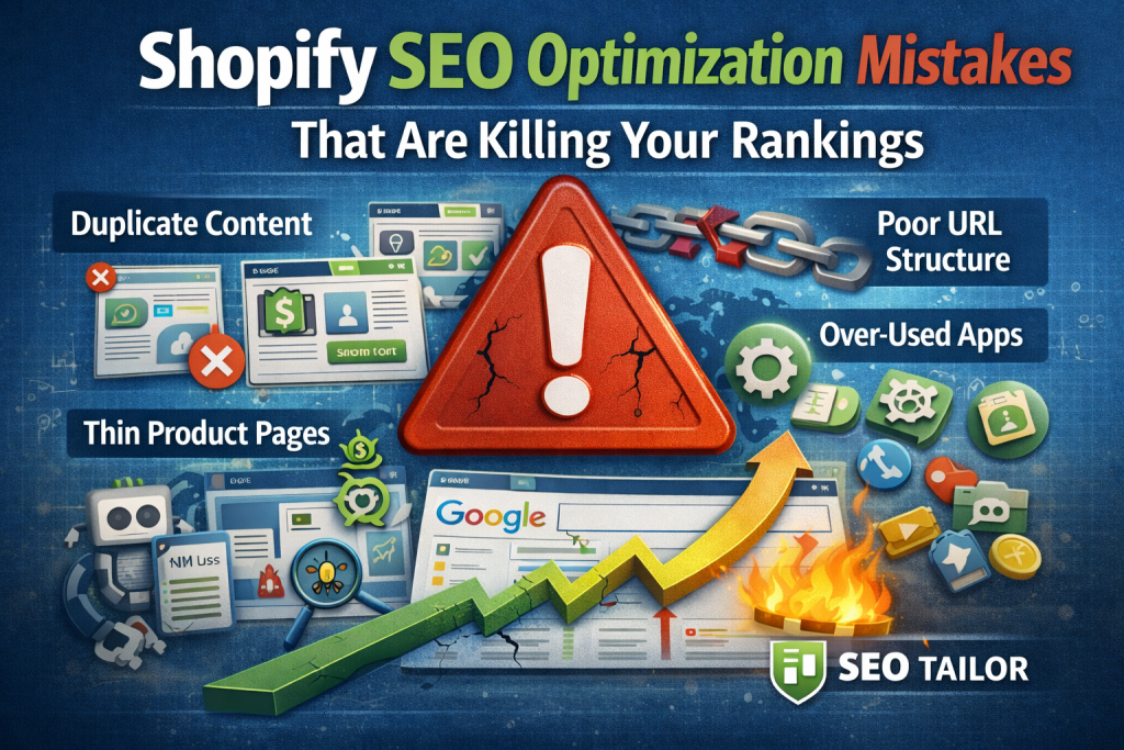 Graphical image of Shopify SEO Optimization Mistakes with graphic alert symbol giving warning to users