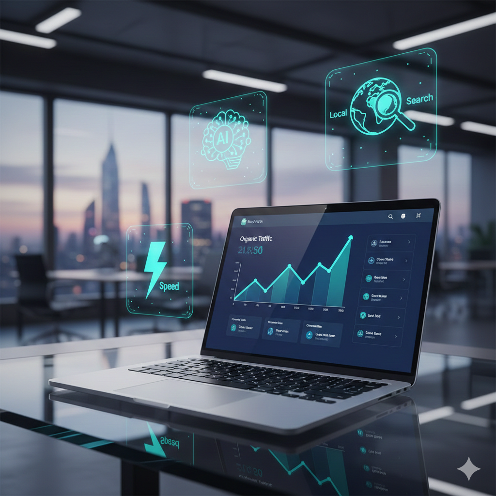 Laptop showing SEO stats in futuristic display for Shopify SEO