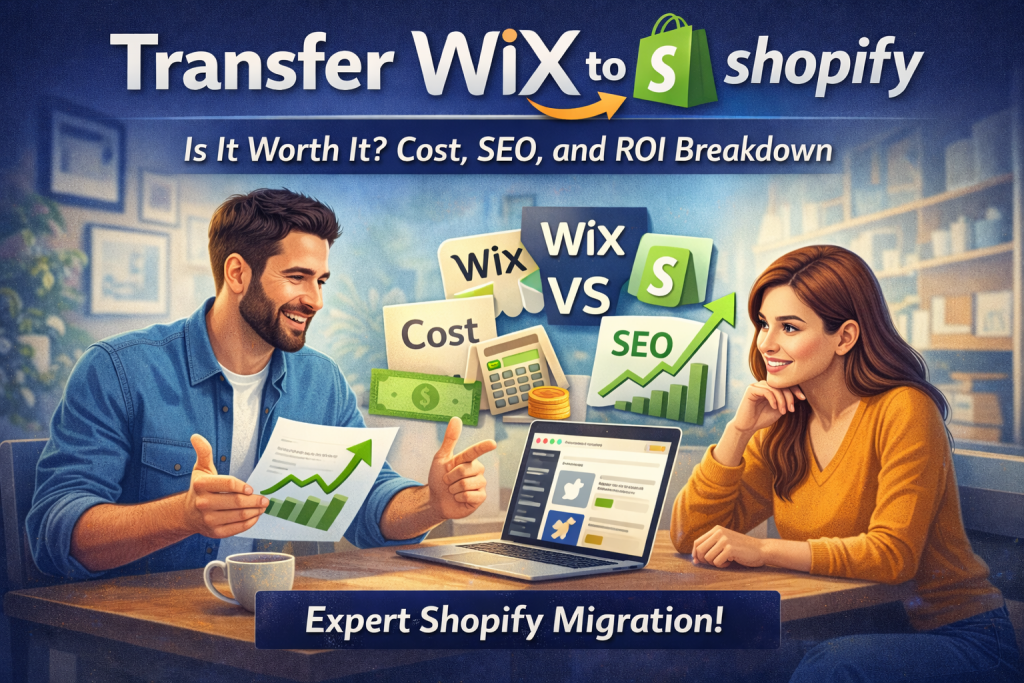 Man and woman on computer looking at benefits of transfer store to shopify
