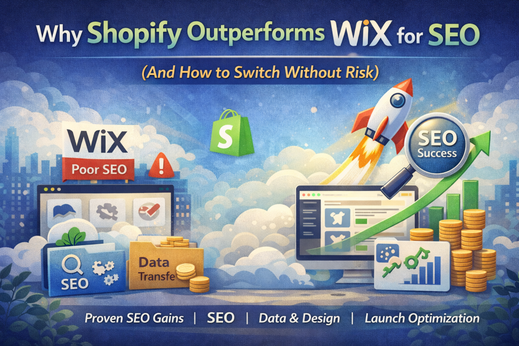 Graphic showing Shopify performing better at SEO than Wix