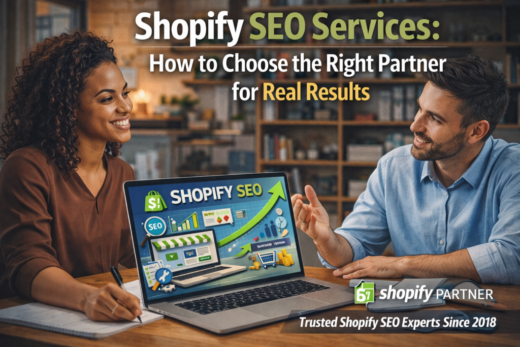 Shopify SEO services being discussed by man and woman at laptop
