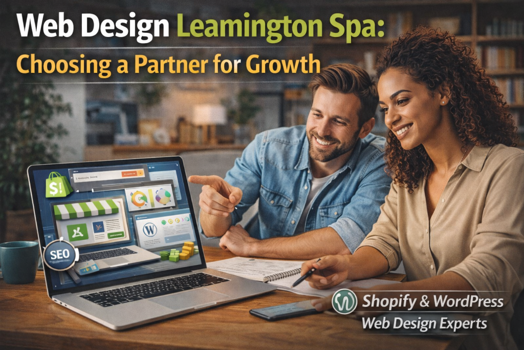 Couple business man and woman looking at laptop seeking web design partner in Leamington Spa