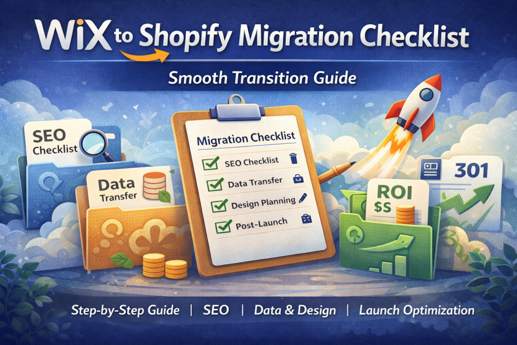 Graphic showing checklist for migrating from wix to shopify