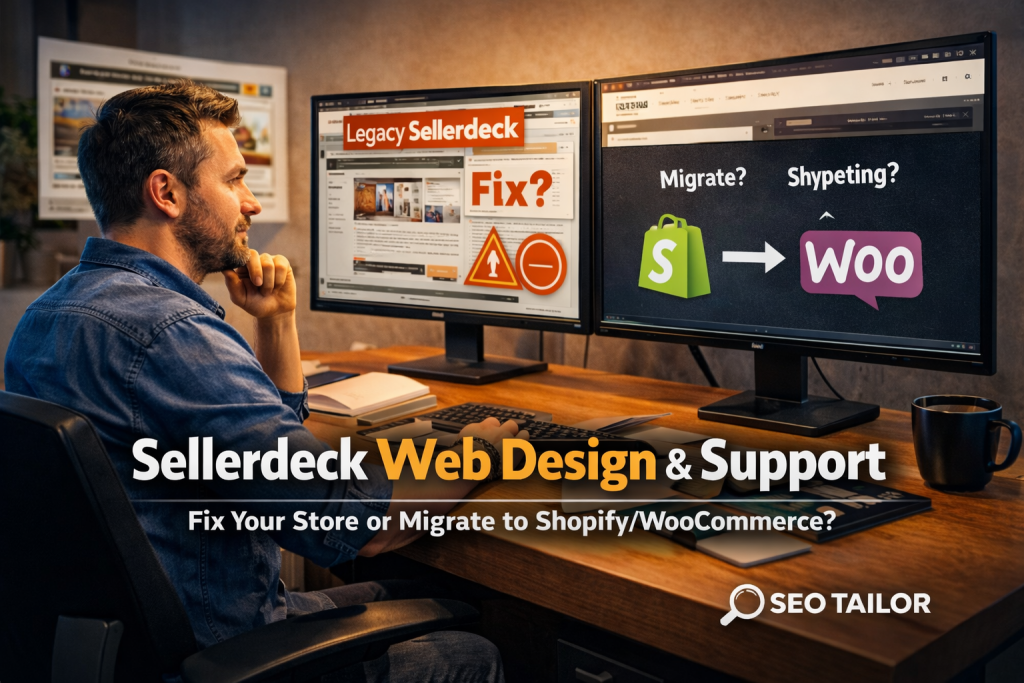 Sellerdeck developer working on a sellerdeck web design on a computer